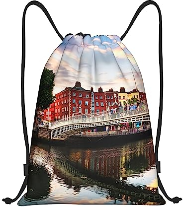 Dublin Ireland Ha Penny Bridge Kordelzug Rucksack für Damen Herren Wasserdicht Leicht Kordelzug Tasche für Reise Lagerung, Schwarz , M