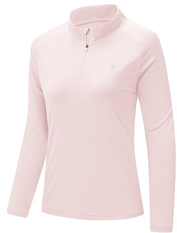 Rdruko Women's Long Sleeve Golf Tennis Polo Shirt 1/4 Zip Quick Dry Sports T Shirt for Running Gym Workout Yoga Hiking Walking Light Pink XXL