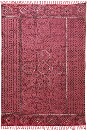 CASAVANI Kelim-Teppich, 3 m, quadratisch, roter Baumwollrand, dick, 0,48 cm, waschbarer, handgewebter Teppich, Flachgewebe-Teppiche für drinnen und draußen, für Flur, Esszimmer