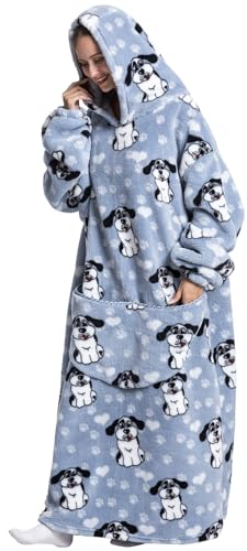 Msrlassn Übergroße Tragbare Decken Hoodie für Damen Herren Erwachsene Oversized Kapuzen Decke Kuschelpullover Tragbare Decke Sweatshirt mit Taschen (Grau Welpe)