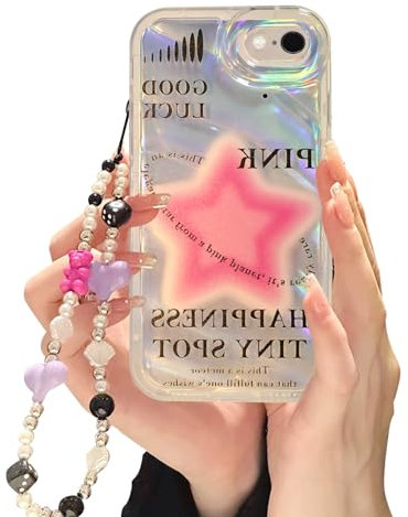 Fycyko Case for iPhone SE 2022/2020 7/8 with Phone Charm/Chain,Sparkly Pink Star Pattern Clear Cute Phone Case with Pearl Love Heart Bracelet,Luxury Bling Women Girl Phone Case for iPhone SE/7/8