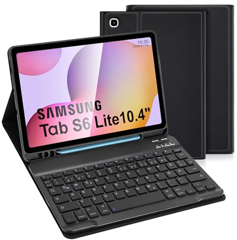 LAMA Samsung Galaxy Tab S6 Lite Hülle mit Tastatur - Deutsches QWERTZ Layout, Kabellose Tastatur Hülle für Tab S6 Lite 10,4“ 2020/2022 (SM-P610/P615/P613/P619), Bluetooth Tastatur Hülle, Schwarz