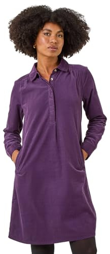 Roman Originals Womens Corduroy Tunic Shirt Dress - Ladies Autumn Everyday Winter Holiday Long Sleeve Soft Pockets Comfy Cuffs Frock Knee Length Gowns - Purple - Size 12