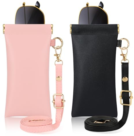 2Pzs Custodia Occhiali Morbida, Pelle Portatile Custodia Porta Occhiali da Viaggio Squeeze Top con Gancio e Cordino, Sottile Custodia per Occhiali Astuccio Occhiali Custodia Occhiali da Vista Donna