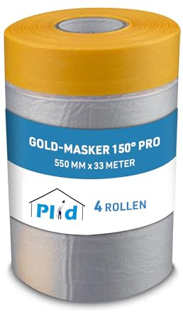 Plid Gold-Masker 150° Pro - 4 Rollen x 550mm - Abdeckfolie & Klebeband | Goldband | Malerfolie mit Klebeband | UV-beständig | Scharfe Farbkanten | Rückstandsfrei entfernbar | Hohe Klebekraft