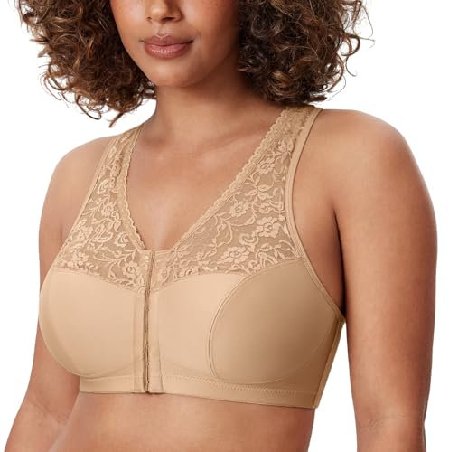 DELIMIRA Women's Front Fastening Bras Lace Wireless Plus Size Full Coverage Racerback Support Bra Warm Beige 34F