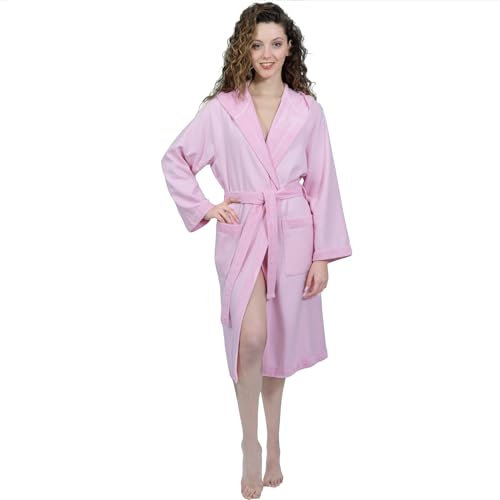 runico Peignoir pour femme à capuche - Design et fabrication italienne, 100% coton, ultra mince, super absorbant, anti-boulochage, avec 2 serviettes inclus, rose, M