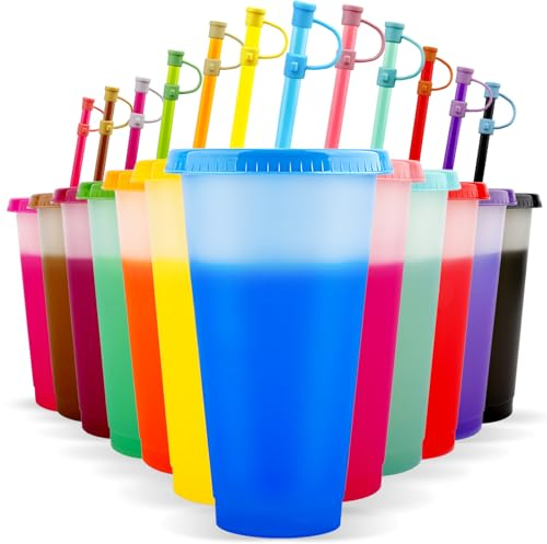 EASEVE 12 Pack 24oz Colour Changing Cups Tumblers with Lids & Straws Cover - Reusable Plastic Iced Coffee Cup Party Tumbler for Kids Children Adults Travel Mugs for Drinks (with Straw Cover)