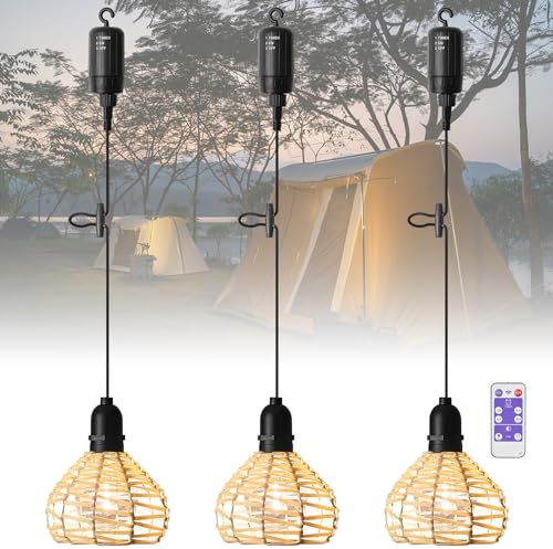 SUCIKORIO 3er Pack Hängelampe Outdoor Akku, Boho Rattan Hängelampe mit Batterie Außen Wasserdicht Hängeleuchte Mit Fernbedienung Dimmbar Pendelleuchte ohne Strom für Zelt, Camping, Garten