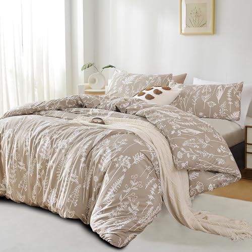 Tospass Bettwäsche 135x200 cm Blumen Blätter Pflanzen Muster Khaki Beige Beige Bettwäsche Set Floral Bettbezug Mikrofaser Wende Bettwäsche 1 Deckenbezug mit Reißverschluss 1 Kissenbezug 80x80 cm