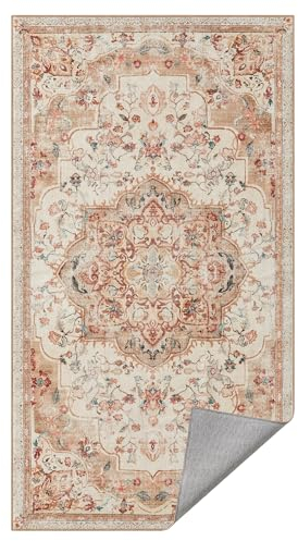 SONGMICS HOME Vintage Teppich, 80 x 150 cm, Wohnzimmerteppich, Schlafzimmerteppich, Waschbarerteppich, Rutschfester Teppich, für Küche, Flur, Esszimmer, cappuccinobeige TAR037K01