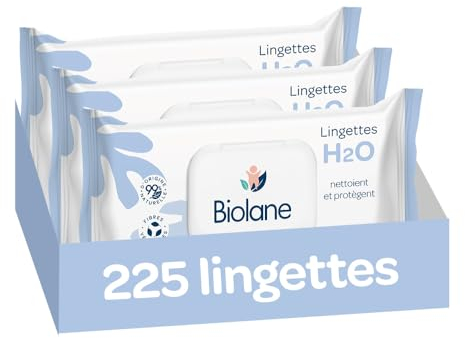 BIOLANE - Lingettes bébé à l'eau - 225 Lingettes - Lot de 3x75 - Nettoyage doux et efficace - Dès la naissance - Qualité Française