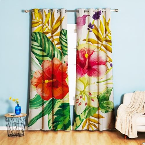 Vorhänge Rote Gelbe Blüten Gardinen Weich Verdunklungsvorhänge Thermovorhang Vorhang Blickdicht Gardinen mit ösen Vorhänge Wohnzimmer Schlafzimmer Waschbar Curtains(2x140x250cm)