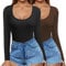 Ekouaer Black Long Sleeve Top Women Basic Slim Round Neck Skim Dupe Crop Slim Top Blouse Thermal Vests for Women UK, Black+Coffee, S