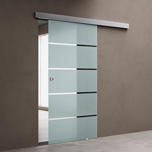 doporro Glasschiebetür Komplettset Softclose 102,5x205cm Milchglas-Streifen | 15mm Wandabstand | Schiebetür mit 8mm ESG-Sicherheitsglas | Zimmertür Glas mit Muschelgriff | Amalfi-plus 11
