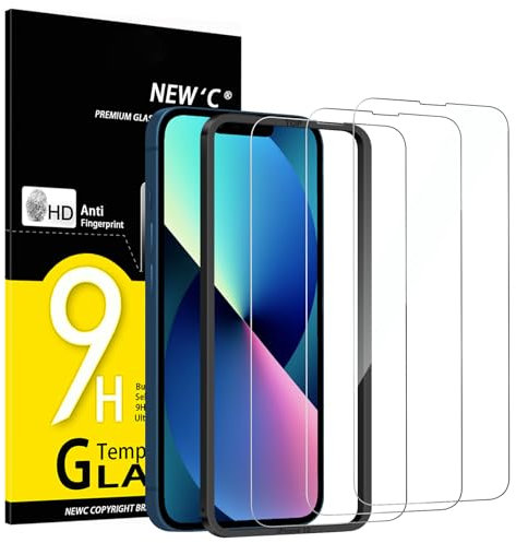 NEW'C 3 Piezas, Protector Pantalla para iPhone 14, iPhone 13, iPhone 13 Pro (6,1 Pulgadas), Cristal templado con herramienta de instalación fácil incluida, Antiarañazos,Dureza 9H, Ultra Resistente