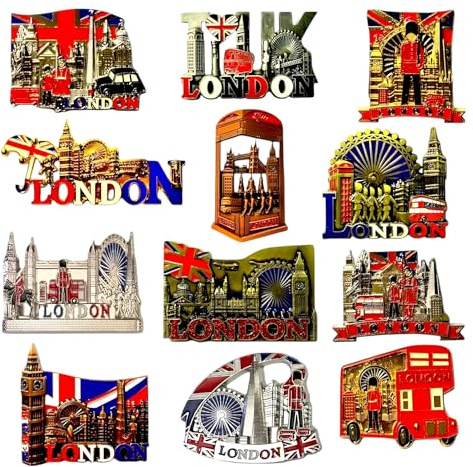 12 London Souvenir Fridge Magnets - British Souvenirs Union Jack Magnet - London Landmarks Metal Magnet - England Gift Set