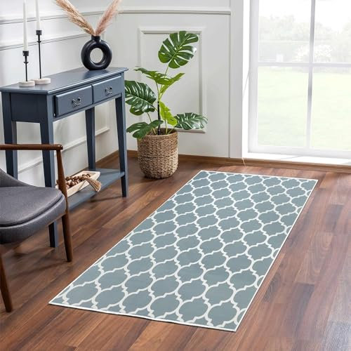 MOONLIGHT20015 Rugs Living Room – Small Bedside Area Rugs for Bedroom 40x60cm – Door Mat for Entryway Trellis Style Modern Rug Duck Egg Blue, Ava