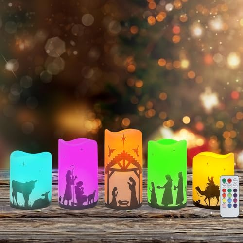 Led Kerzen Adventskranz Flammenlose Weihnachtskrippe Kerzen,Batteriebetriebene Advent LED Säule Religion Kerzen,Weihnachtskerzen Krippe Weihnachtsdeko Adventskerzen mit Fernbedienung (Mehrfarbig)
