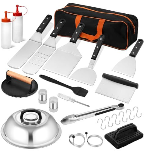 25Pcs Griddle Accessories Kit, Leonyo Flat Top Grill Accessories, Commercial Grilling Tools with Enlarged Spatulas, Basting Cover, Metal Scraper, Smash Burger Press for Outdoor Barbecue, ABS Handle