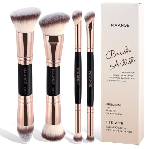 4-teiliges Doppelkopf-Makeup-Pinsel Set - Foundation & abgewinkelter Concealer Pinsel für makellose Basis, Creme- & Flüssigprodukte, professionelle Kosmetikpinsel für perfektes Verblenden