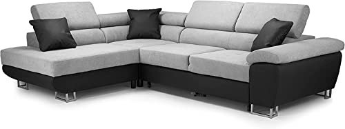 Eshaz Anton Fabric/Faux Leather L-Shaped Corner Sofa Bed with Storage Space & Foldable Sleeping Area (Left Arm Corner, Black/Grey)
