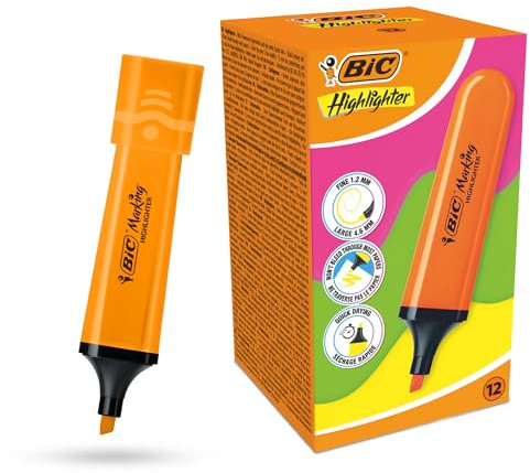 BIC Marking Highlighter Flach Textmarker Marker Kunststoff Textmarker Stift mit fluoreszierender Orange Neon Tinte Textmarker Stifte für glatte Noten, präzise Highlighter, ideal für Schule und Büro