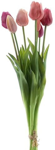 mucplants künstliche Tulpen Classic ca. 47cm Tulpenbündel mit 4 Tulpen und 3 Tulpenknospen real Touch (Pink/Rot)