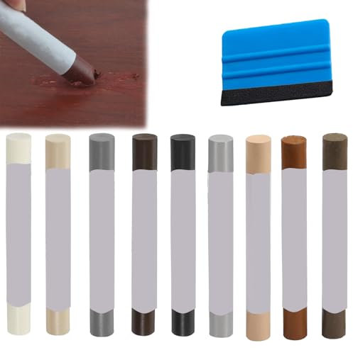 Iaminat Reparaturset, 9 Stück Repariere Crayon mit 1 Schaber, Professionelle Parkett Reparaturset, Holz Reparaturset, Holzreparatur Set Holzkitt für Holzböden Holztüren Schränke
