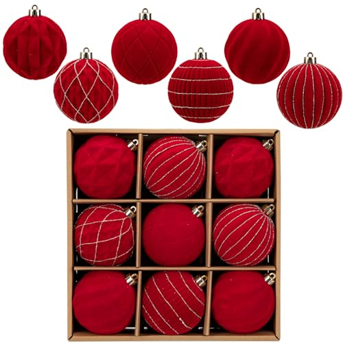 Arborus 8cm Velvet Red Christmas Baubles 9pcs Shatterproof Tree Baubles Flocked Xmas Bauble with Glitter Luxury Xmas Ball Hanging Ornaments for Christmas Tree Wreaths Festive Home Decorations