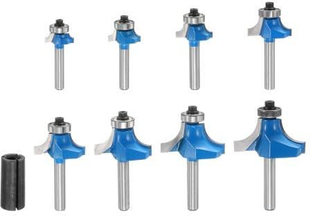 sourcing map 8pcs Roundover Router Bit Set 1/4 Inch Shank Radius in 1/4 5/16 3/8 1/2 5/8 3/4 7/8 1 Carbide Tip 2 Flutes Corner Rounding Bearing Guide with Collet for Woodworking