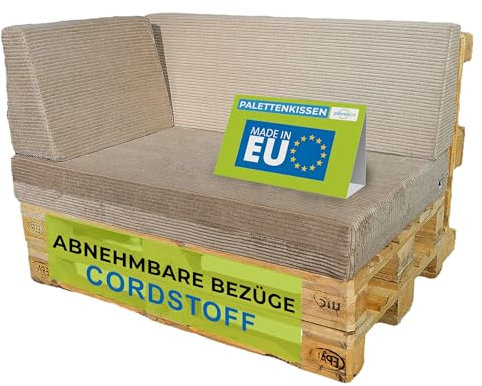 Pillows24 - Palettenkissen 3-teiliges Set aus Cordstoff | Sitzkissen & Rückenkissen für Europaletten 120x80 | Weiche Palettenauflage für Wohnzimmer, Garten oder Balkon | Made in EU | Cappuccino