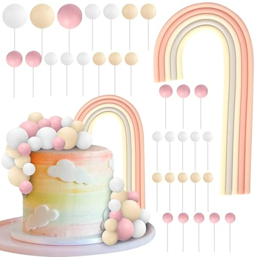 34 Stück Boho Kugeln Tortendeko Regenbogen Kuchen Deko Natürlicher Boho Mini Schaum Kugel Cake Toppers DIY Kugel Kuchen Dekorationen für Baby Dusche Kinder Geburtstag Hochzeit Jahrestag Party Khaki