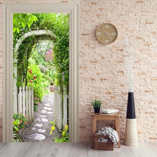 Stickers Porte Paysage de Jardin Poster Porte Trompe L'oeil, Effect 3D Jardin Autocollant, Auto-Adhésif Papier Peint Mural Chambre Salon Mur Décoration Art Sticker Muraux 80x200 cm m8639
