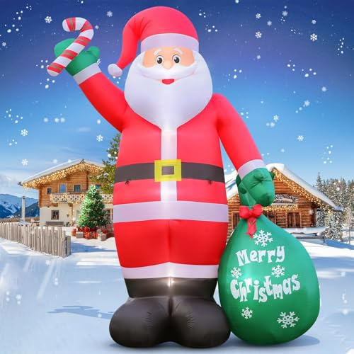 Aufblasbarer Weihnachtsmann 360CM mit LED Lichtern, 12FT Inflatable Santa mit Grünem Sack & Zuckerstange, IP44 Wasserdichte Riesen Garten Figur, Rasen Patio Innen Außenbeleuchtung Weihnachtsdekoration