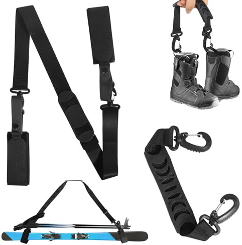 DELAESI Ski Tragegurt 2 Stück Ski Tragehilfe rutschfeste Skigurt Skitragegurt für Ski und Stöcke Verstellbare Schultergurte Ski Zubehör rutschfeste Skiträger für Stiefel und Skistöcke (Schwarz)