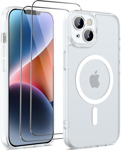HGH für iPhone 14 Hülle für MagSafe mit 2 Schutzglas, Weiß | Vollständiger Kameraschutz Stoßfest Kratzfest Anti-Fingerabdruck Transluzente Rückseite Matt Handyhülle für iPhone 14