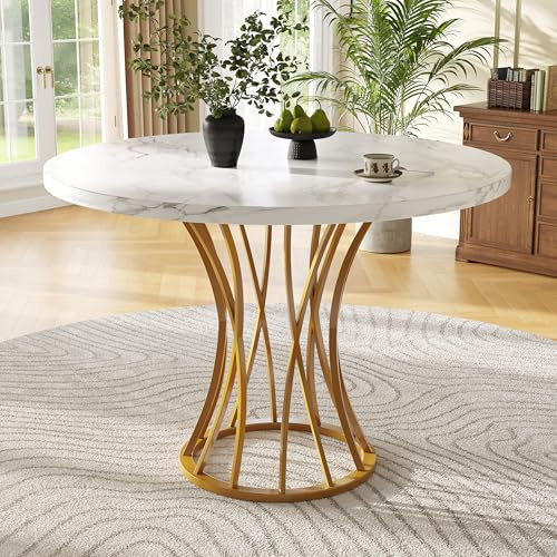 Witimisy Runder Esstisch,für 4-6 Personen,MDF marmorierte Tischplatte,geeignet für Esszimmer und Wohnzimmer,80X80X76CM (Weiß + Gold)