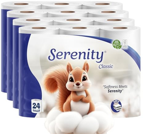 Serenity Soft Quilted Toilet Tissue 3‑Ply – Luxuriously Soft, Gentle & Strong Bulk Toilet Rolls, Hypoallergenic, Value Pack of 24 Rolls, Sustainable & Dermatologically Tested