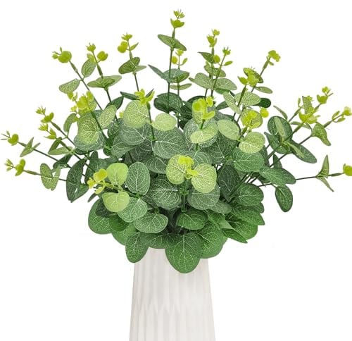 ROLLWAY 30 Stück Künstliche Eukalyptus Deko Zweige, 33cm Eucalyptus Kunstpflanze Dekozweige Kunstblumen Grün aus Stoff für Hochzeit Home Decor Vase Tischdeko Party Taufe Kommunion Konfirmation Deko