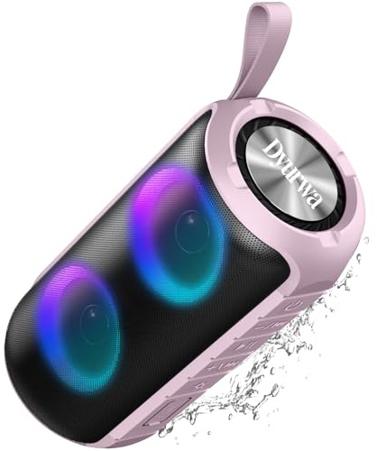 Dyurwa Bluetooth Speaker, Portable Wireless Speaker with Bass Boost, IPX6 Waterproof with LED Light, 12H Playtime, Hands-Free Call, Bluetooth 5.3 Outdoor for Party Travel, Light Pink