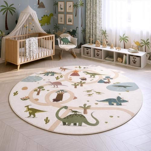 SIMPEX Kinderteppich Dinosaurier Spielteppich rund 200 cm für Kinderzimmer in Creme Dino Motiv ideal für große Spielflächen