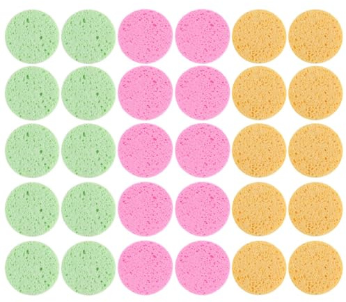 30 Stück Komprimierte Gesichtsreinigungsschwämme Pulpe | Rund Geformt, 10 Gelb 10 Rosa 10 Grün, für Reisen und Tägliche Reinigung