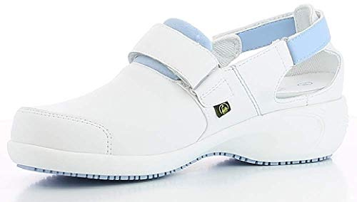 Oxypas Arbetsschuhe aus Leder - SALMA - Sicherheitsclog für Damen, rutschfeste und Bequeme Schuhe ideal für Krankenhaus und Pflege, Weiss Blau, 36 EU