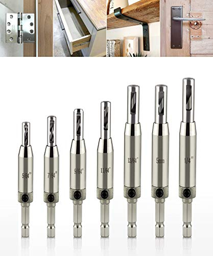 QWORK® Juego de 7 Brocas Centrales, Bisagras Autocentrada, Brocas Centrales Hss para Muebles, Cocinas, Carpintería, Ventana, 5/64, 7/64, 9/64, 11/65, 5mm, 13/64, 1/4