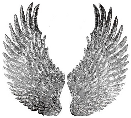 Zhiheng 1 Pair Jumbo Angel Wings Sequin Patches Iron on Sew on Appliques Embroidered Motif for DIY Clothing Accessories (Silver)
