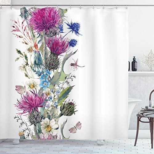 ABAKUHAUS Distel Duschvorhang, Vintage Herbal Border, Stoffliches Gewebe Badezimmerdekorationsset mit Haken, 175 x 200 cm, Grün Magenta