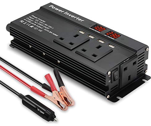 Cantonape Power Inverter 2000W (peak) DC 12V to 230V 240V AC Car Converter 12V Inverter with 12v Cigarette Lighter with 4.8A 4 USB 3 UK Sockets Car Adapter With LCD Display, 800W car inverter