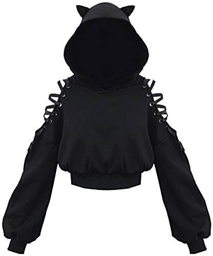 EUDOLAH Damen Hoodie Schulterfrei Katzen Ohr Hoodie Kapuzenpulli mit Bänder kurzes Sweatshirt (1-Schwarz L)