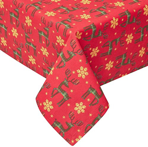 HOMESCAPES Christmas Tablecloth, Square Cotton Xmas Table Cloth, Handcrafted & Durable Festive Dining Table Cover with Hem Stitch, Hypoallergenic, Washable, Red Reindeer - 137 x 137cm